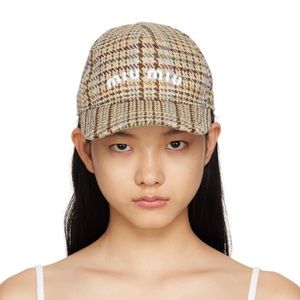 Authentic MIU MIU Beige Plaid Cap Wool Blend